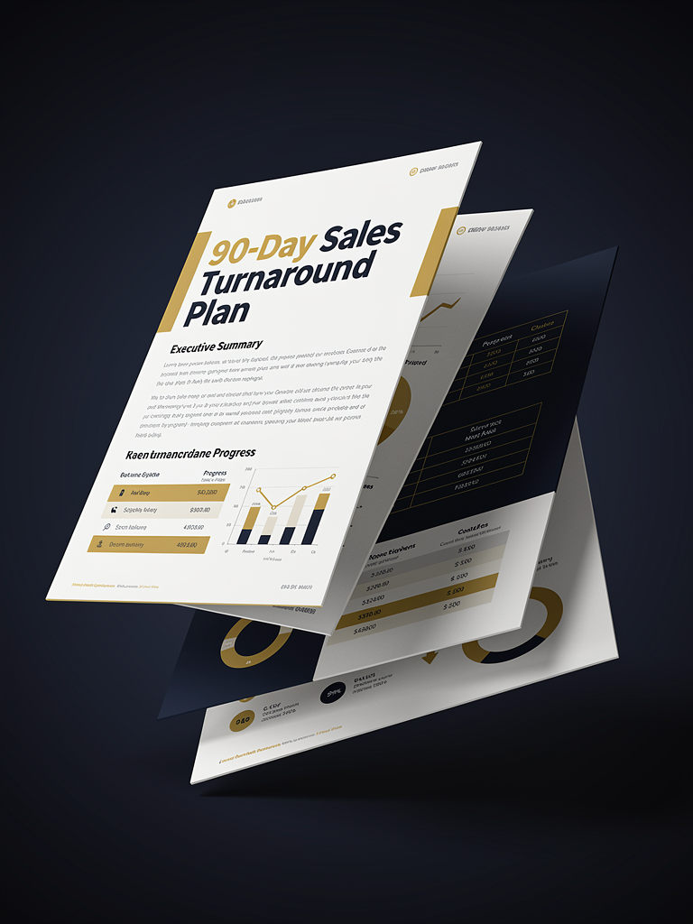 Your 90-Day Sales Turnaround Plan - Professional business document showing sales analytics, charts, and action roadmap